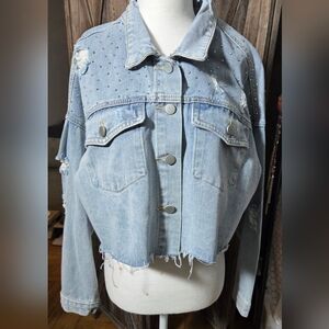 NWT Pookie Sebastian cropped distressed denim jacket w rhinestone
